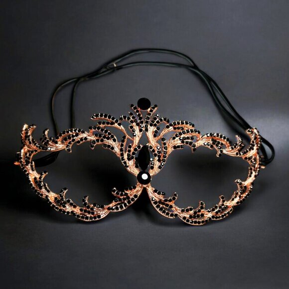Black Crystal Masquerade Mask, Rose Gold Party Mask, Prom Mask, Renaissance Mask - Picture 1 of 7
